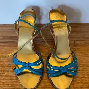 Coach, ankle wrap leather sandle in blue, size 7, made in Italy, 3.75 inch heel